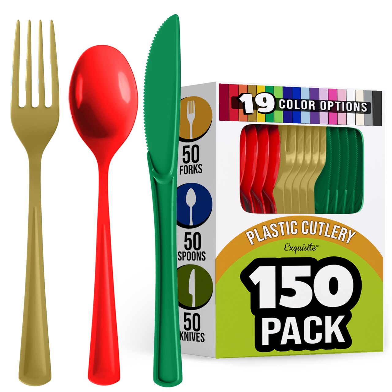 Exquisite Polished Plastic Silverware – 150 Pcs Heavy Duty Cutlery Set – 50 Each of Forks, Knives & Spoons – Disposable Utensil Set for Parties, Events & Catering – Flatware Set by Party Solids